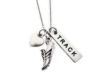 Love to Run TRACK Pewter Necklace - 3 Pewter Pendants on Stainless Steel Cable Chain - Add Pewter Track Event or Distance - Track and Field