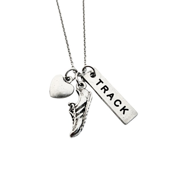 Love to Run TRACK Pewter Necklace - 3 Pewter Pendants on Stainless Steel Cable Chain - Add Pewter Track Event or Distance - Track and Field