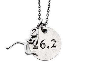 Runner Girl DISTANCE Round Pendant Necklace - Pewter Stick Figure Runner Girl - 5K, 10K, 13.1, 26.2, XC or Runner Girl - On Gunmetal chain
