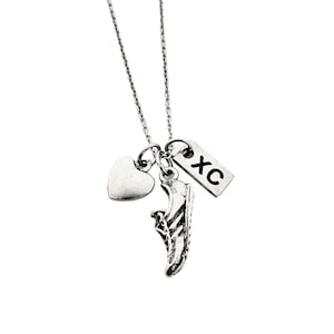 Pewter Love to Run XC Necklace - Pewter Heart, Pewter Running Shoe Charm, Pewter XC on Stainless Steel Cable Chain  - Cross Country Team