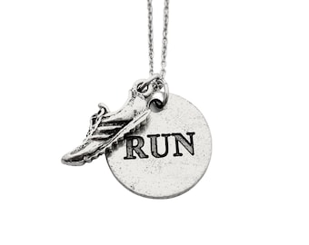 Pewter RUN Round Pendant Necklace - Running Shoe Charm and Pewter Round RUN Charm on 18 inch Stainless Steel Cable Chain - Runner Necklace