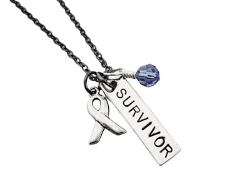 SURVIVOR Cancer Awareness Ribbon Necklace with Crystal - Choose Crystal or Pearl - Cancer Ribbon Jewelry - Breast Cancer Survivor Jewelry