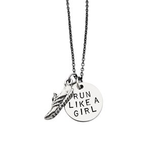 RUN LIKE A GIRL Round Pendant with Running Shoe - Running Necklace - Running Jewelry - Hand stamped with Gunmetal chain - Running Girl - Run