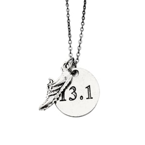 RUN DISTANCE Round Pendant with Running Shoe Charm Runner Necklace- 5K, 10K, 13.1, 26.2, XC or Runner Girl - Pewter Charms on Gunmetal chain