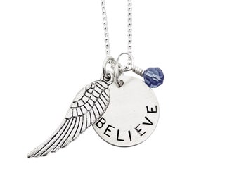I BELIEVE Round Pendant Sterling Silver Necklace with  Pearl or Crystal - 16, 18 or 20 inch Sterling Chain - Angel Wing Necklace