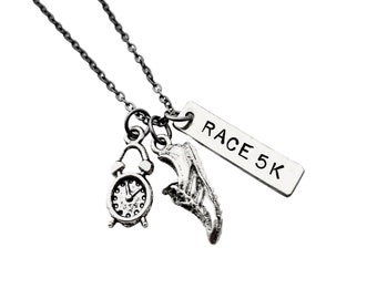 Time to RACE DISTANCE - Choose 5k, 10k, 13.1, 26.2 or XC - Race Encouragement Necklace - Pewter Charms on Gunmetal Chain - Pre Race