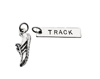 RUNNING SHOE TRACK Set - One (1) Pewter Running Shoe Charm Plus One (1) Hand Hammered, Hand Stamped Track Pendant - Each Set in Organza Bag