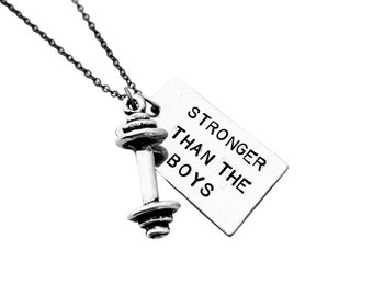 STRONGER Than The BOYS Barbell Necklace - Workout Necklace on Gunmetal chain or Stainless Steel Ball Chain - Girl Power Girls Lift - Fitness