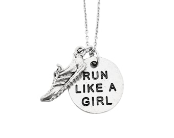 Pewter RUN LIKE A GIRL Round Pewter Pendant with Running Shoe on Stainless Steel Cable Chain - Like a Girl - Pewter Pendant Necklace
