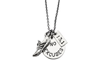 RUN Your Race With NO EXCUSES Necklace - 5k, 10k, 13.1 or 26.2 - Run Necklace on Gunmetal chain - No Excuses Racing - Race - Road Race