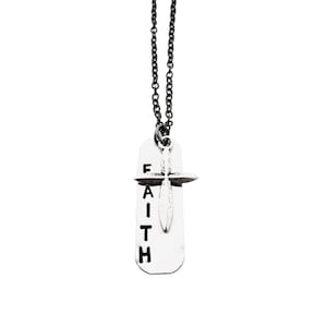 FAITH with CROSS Necklace - Rustic Artisan Aluminum Dog Tag Style Necklace on 24 inch gunmetal chain - Faith Jewelry - Cross Faith Necklace