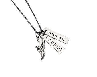 Cross Country Running Necklace - Personalized Custom High School Running Necklace - Gunmetal chain - Your Name - Your School - XC or CC