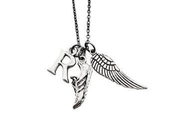 I Run. I Fly. Large Wing Running Necklace - Your Initial - Gunmetal chain - Add a Distance or XC Charm - Personalized Runner Necklace - Run