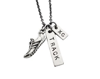 RUN TRACK and XC - Track and Cross Country Runner Necklace on Gunmetal chain - Track Necklace - Xc Necklace - Track and Xc Runner Jewelry