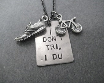 I Don't Tri, I DU Duathlon Necklace  - Run Bike Necklace on 18 inch gunmetal chain - Duathlon Jewelry  - Duathlete Necklace - I Du - Ride