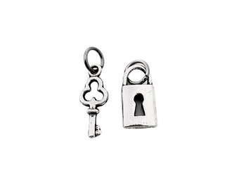 Pewter Small Lock and Vintage-Look Key Charms - 1/2 inch Small Lock Charm and 1/2 inch Small Key Charm - Each with Gunmetal Jump Ring
