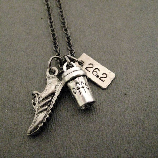 My DISTANCE Run is FUELED By COFFEE Necklace - 5k, 10k, 13.1, 26.2 or Xc - Running Shoe and Coffee Cup Charm - Hand Stamped Distance Charm