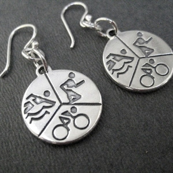 SWIM BIKE RUN - Tri Earrings - Sterling Silver Triathlon Earrings - Swim Bike Run Jewelry - Sterling Silver Wire - Triathlete - Tri Gift