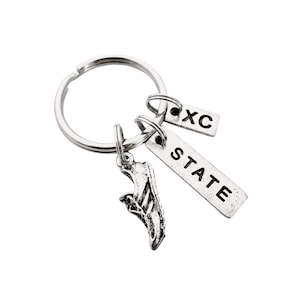 Run STATE XC Pewter Key Chain / Bag Tag - Ball Chain or Key Ring - Cross Country State Distance Runner - XC - State Cross Country Team