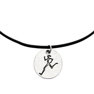 RUNNER GIRL Round Pendant Necklace on Leather and Sterling Silver chain - 17 3/4 or 19 1/2 inch - Pewter Runner Girl Charm - Runner Jewelry