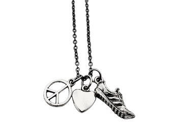 PEACE Love RUN Pewter Necklace on Gunmetal Chain - Choose to add a 5k, 10k, 13.1, 26.2, Run or XC Charm - Run Necklace - Peace Love Running