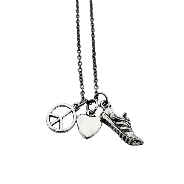 PEACE Love RUN Pewter Necklace on Gunmetal Chain - Choose to add a 5k, 10k, 13.1, 26.2, Run or XC Charm - Run Necklace - Peace Love Running