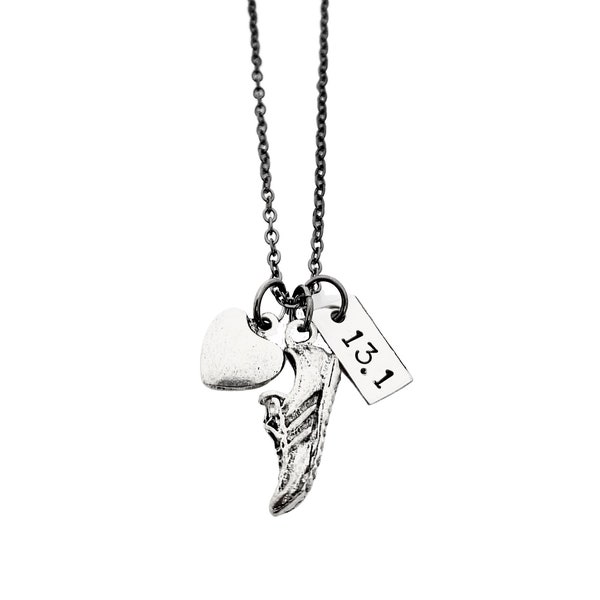 Love to RUN DISTANCE - Choose 5k, 10k, 13.1, 26.2 or XC - 3 Pendants with Puffed Heart - Running Jewelry - Run Necklace on Gunmetal Chain
