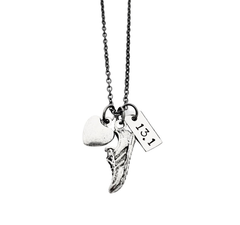 Love to RUN DISTANCE Choose 5k, 10k, 13.1, 26.2 or XC 3 Pendants with Puffed Heart Running Jewelry Run Necklace on Gunmetal Chain image 1