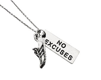 RUN with NO EXCUSES Pewter Pendant Necklace - Pewter No Excuses Pendant with Pewter Running Shoe Charm on Stainless Steel Cable Chain