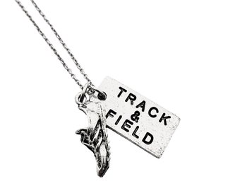 TRACK and FIELD Pewter Necklace - Pewter Running Shoe and Pewter Track and Field Pendant on Stainless Steel Cable Chain - T & F - Coach