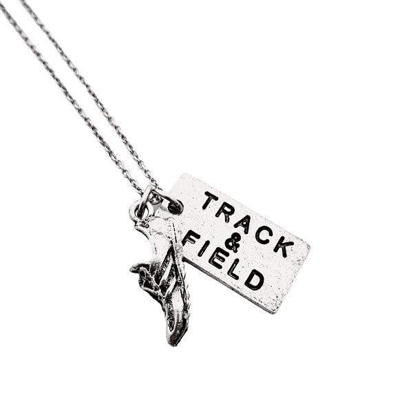 TRACK and FIELD Pewter Necklace - Pewter Running Shoe and Pewter Track and Field Pendant on Stainless Steel Cable Chain - T & F - Coach