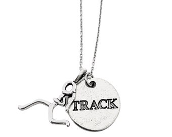 Running Girl TRACK Round Pendant Necklace - Running Girl Stick Figure and Pewter Round TRACK Charm on 18 inch Stainless Steel Cable Chain