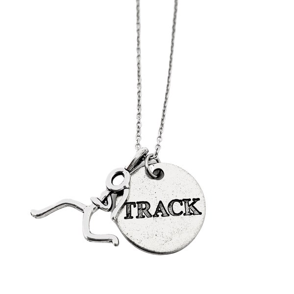 Running Girl TRACK Round Pendant Necklace - Running Girl Stick Figure and Pewter Round TRACK Charm on 18 inch Stainless Steel Cable Chain