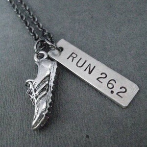 RUN DISTANCE Running Shoe Necklace - Choose 5K, 10K, 13.1, 26.2 or XC - Runner Necklace on Gunmetal Chain - Marathon Half Marathon Road Race