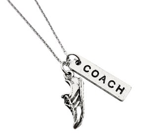 Coach Pewter Necklace on Stainless Steel Cable Chain - Sports Gift - Football - Soccer - Lacrosse - Basketball - Baseball - Mom Coach Gift