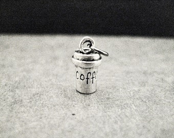 Pewter COFFEE CUP Charm - ONE (1) Pewter Coffee Cup Charm - 3 Dimensional  15mm x 8mm x 8mm Coffee Cup Charm with Gunmetal Jump Ring
