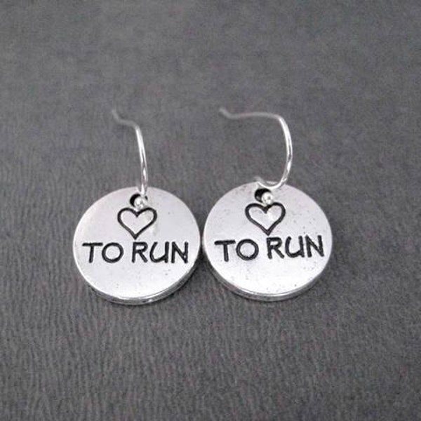 HEART TO RUN Round Pewter Pebble Earrings - Love to Run Earrings - Running Jewelry - Runner Earrings - Running Club - Runner Jewelry