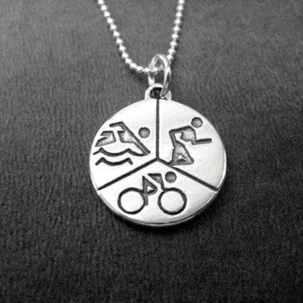 SWIM BIKE RUN Round Sterling Silver Triathlon Necklace - 16, 18 or 20 inch Sterling Silver Ball Chain - Triathlon Necklace - Tri Sprint Tri