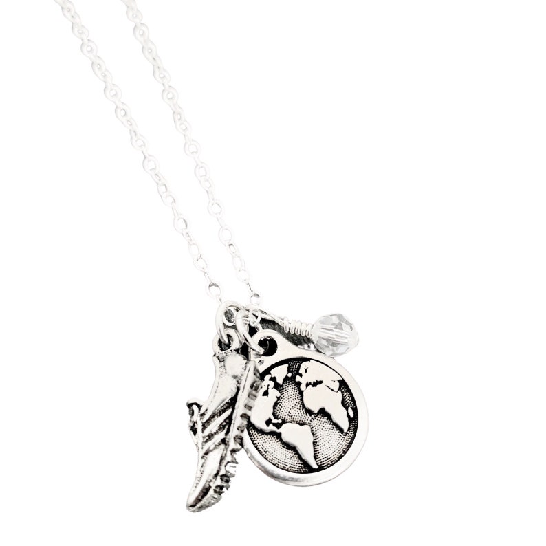 Choose Crystal I RUN THE WORLD with Race Month Crystal Charm on Sterling Silver Flat Cable Chain Pewter Running Shoe Pewter Earth Charm