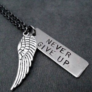May include: A silver necklace with a silver wing charm and a silver tag that says "NEVER GIVE UP".