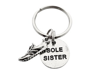 SOLE SISTER Pewter Key Chain / Bag Tag with Pewter Runner Shoe Charm and Pewter Sole Sister Pendant - Ball Chain or Key Ring