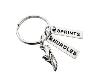 Pewter 2 TRACK EVENTS Key Chain - Pewter Shoe, 2 Pewter Track Distance or Event Pendants on Round Key Ring - Choose your 2 Track Events