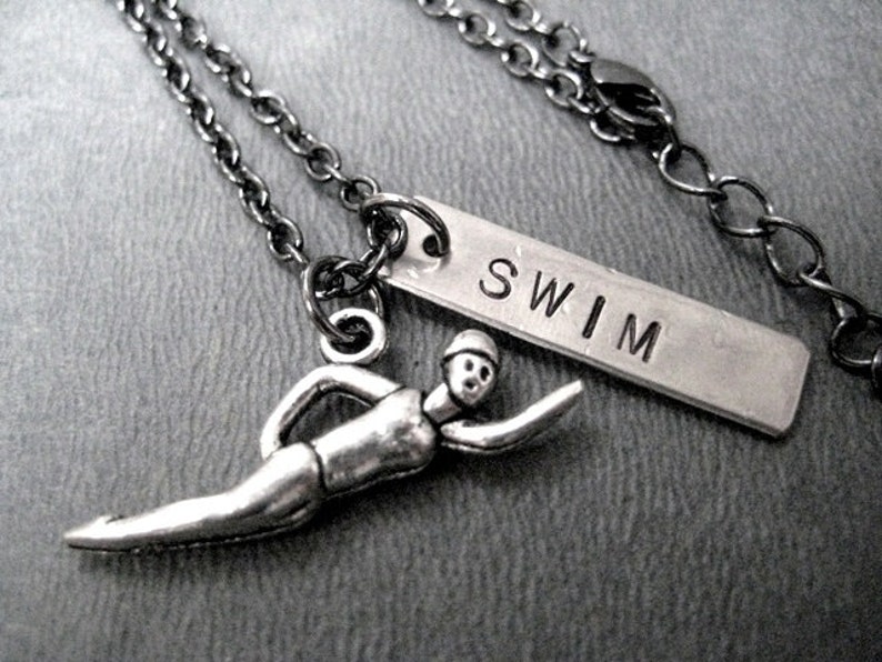 SWIM Necklace Swimming Necklace on Gunmetal Chain Swimmer Etsy