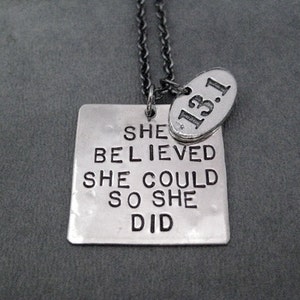 SHE BELIEVED She Could So She Did with Pewter Oval 13.1 or 26.2 Necklace - Gunmetal Chain - Marathon or Half Marathon Charm - First Marathon