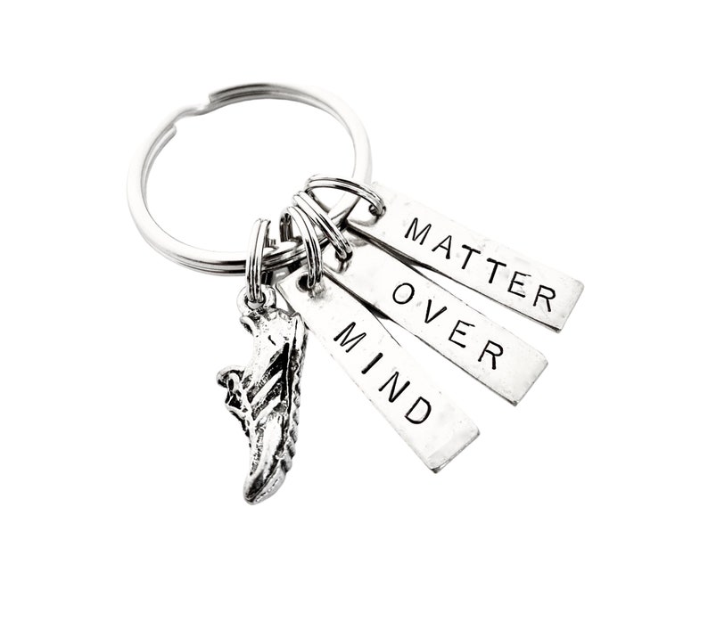 Ball Chain or Key Ring MIND OVER MATTER Running Shoe Key Chain Motivational Key Chain Run with Mind Over Matter Key Chain Bag Tag