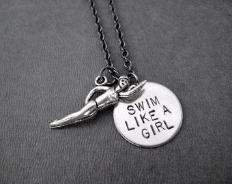 SWIM Like a GIRL Swim Necklace - Swimming Necklace on Gunmetal Chain - Swim Girl - Triathlete Necklace - Swim Jewelry - Swim Team - Swimmer