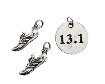 TWO (2) Pewter Running Shoe Charms and 1 Round Pewter 13.1 Half Marathon Pendant in Organza Bag - Running Shoe 13.1 Round Pewter Charm Set