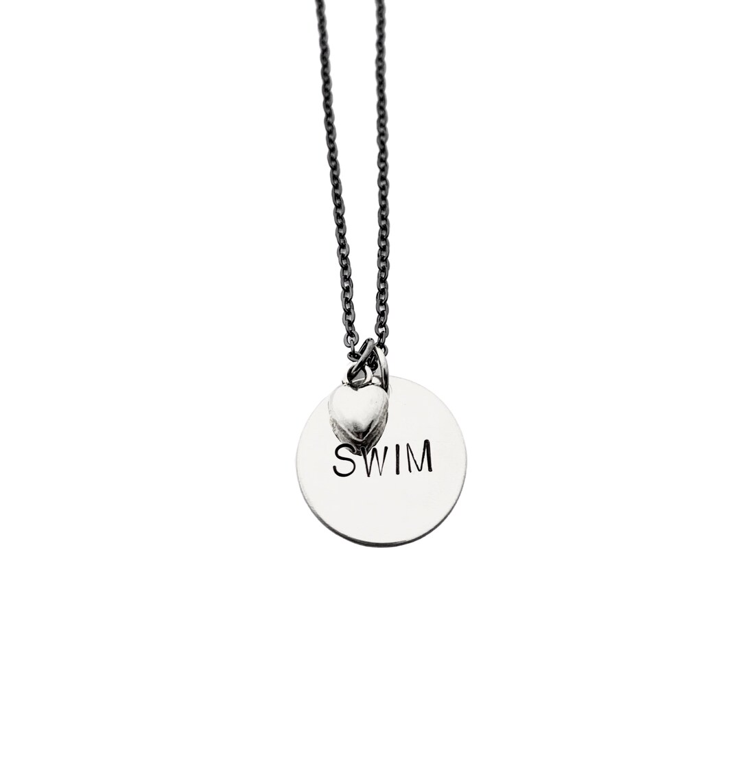 SWIM LOVE Necklace Swimming Necklace on Gunmetal Chain Swimmer Jewelry