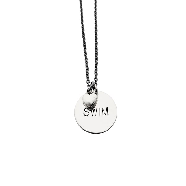 SWIM LOVE Necklace - Swimming Necklace on Gunmetal chain - Swimmer Jewelry - Swim Necklace - Swimming Necklace - Love to Swim - Swim Team