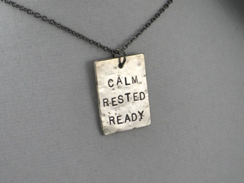 CALM RESTED READY 1 Pendant Necklace on Gunmetal Chain Run Jewelry Inspirational Motivational Necklace Pre Race Routine Life Lessons image 2